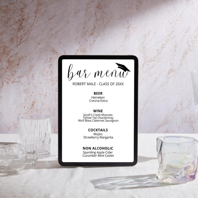 Graduation Bar Menu. Example Elegant Graduation Bar Menu Sign Template, Printable Cocktail List ...