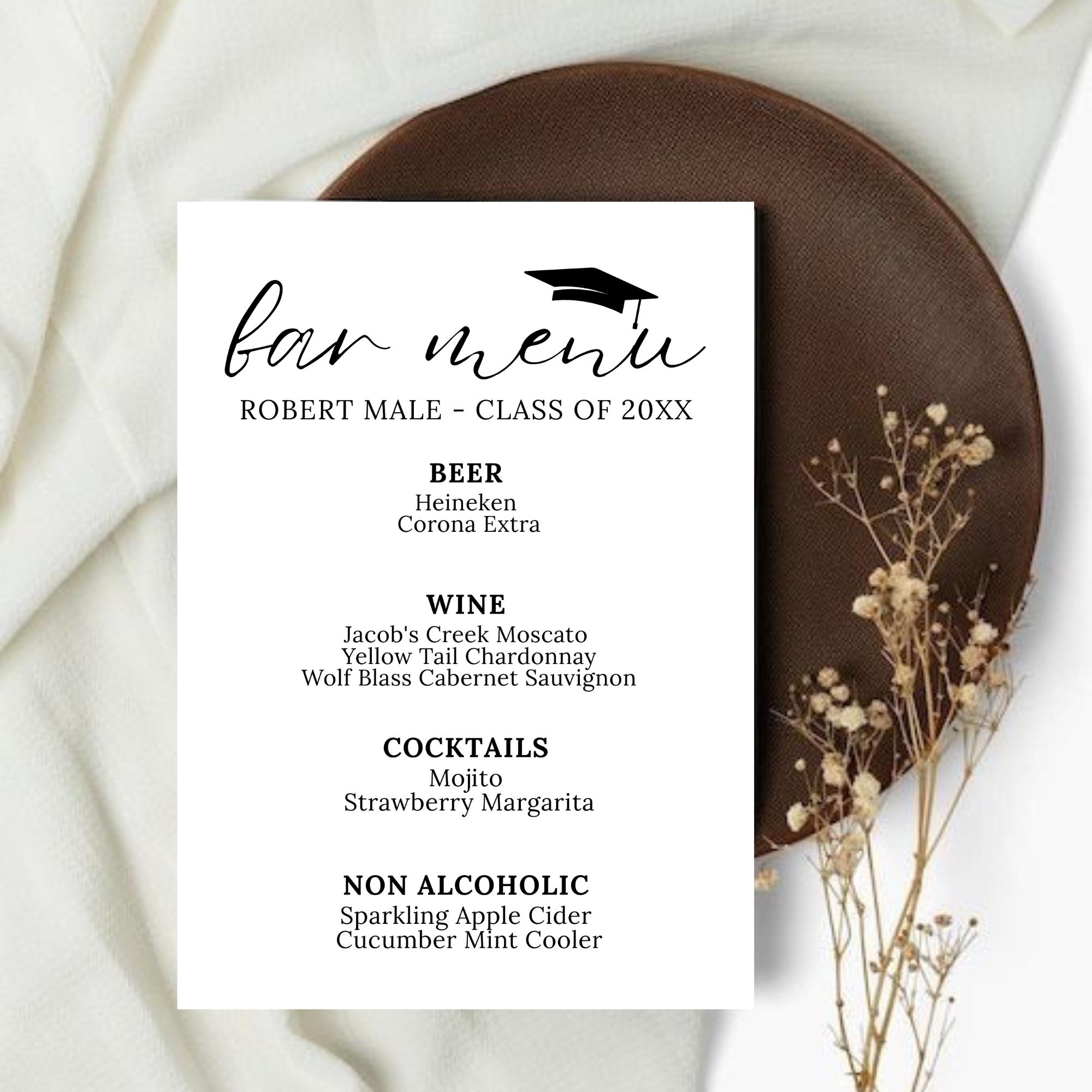 Graduation Bar Menu. Example Graduation Bar Menu Sign Template, Editable Cocktail List (digital ...