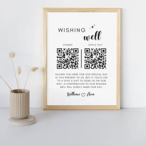 Wishing Well QR-code bruiloft bord sjabloon, afdrukbare minimalistische moderne bruiloft kassa teken, huwelijksreis Fonds QR-code, canvas sjabloon
