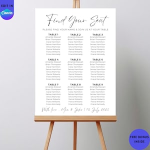 Minimalist Wedding Seating Chart Sign, Modern Reception Table Guide, Editable Canva Template, Instant Download, Wedding Decor