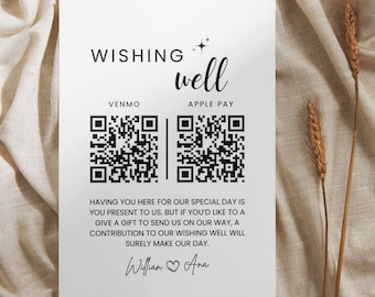 Puede incluir: Una tarjeta blanca con texto negro y dos códigos QR. El texto dice "WISHING well" y "VENMO" y "APPLE PAY". El texto debajo de los códigos QR dice "HAVING YOU HERE FOR OUR SPECIAL DAY IS YOU PRESENT TO US. BUT IF YOU'D LIKE TO GIVE A GIFT TO SEND US ON OUR WAY, A CONTRIBUTION TO OUR WISHING WELL WILL SURELY MAKE OUR DAY." El texto en la parte inferior dice "Willian Ana".