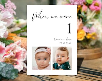 Plantilla para números de mesa de boda, cartel con collage de fotos "Cuando éramos..." (Descarga digital)