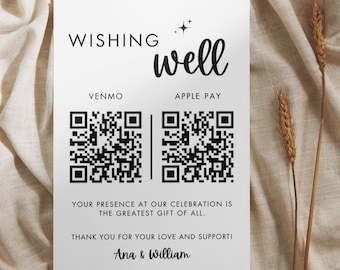 Puede incluir: Una tarjeta blanca con las palabras "Wishing Well" en escritura negra. Incluye códigos QR para Venmo y Apple Pay, junto con el texto "Tu presencia en nuestra celebración es el mejor regalo de todos." y "¡Gracias por tu amor y apoyo!"