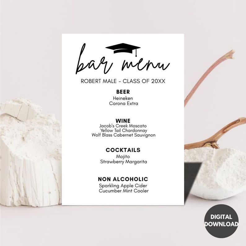 Graduation Bar Menu. Example Elegant Graduation Bar Menu Sign Template, Printable Cocktail List ...