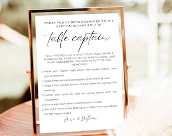 Vorlage für ein Tischkapitänsschild bei der Hochzeit, bearbeitbares Canva-Schild für den Hochzeitsempfang, moderne minimalistische Kennenlernaktivität für Gäste.