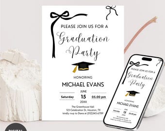 Minimalist Black Bow Graduation Party Invitation Template (Digital Download 5x7, 8x10, Mobile Sizes)