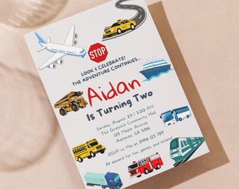 Transportation 2nd Second Birthday Party Invitation Canva Template