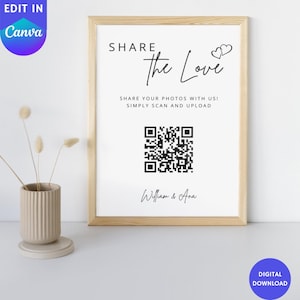 Letrero de código QR para boda, plantilla de letreros de captura de amor imprimibles, letrero con foto, descarga instantánea, letreros de código QR para boda imprimibles, Canva