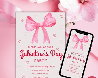 May include: A pink and white printable invitation for a Galentine's Day party. The invitation features a watercolor illustration of a pink bow with hearts. The text on the invitation reads "Please join us for a Galentine's Day Party" and includes the date, time, and location of the party.