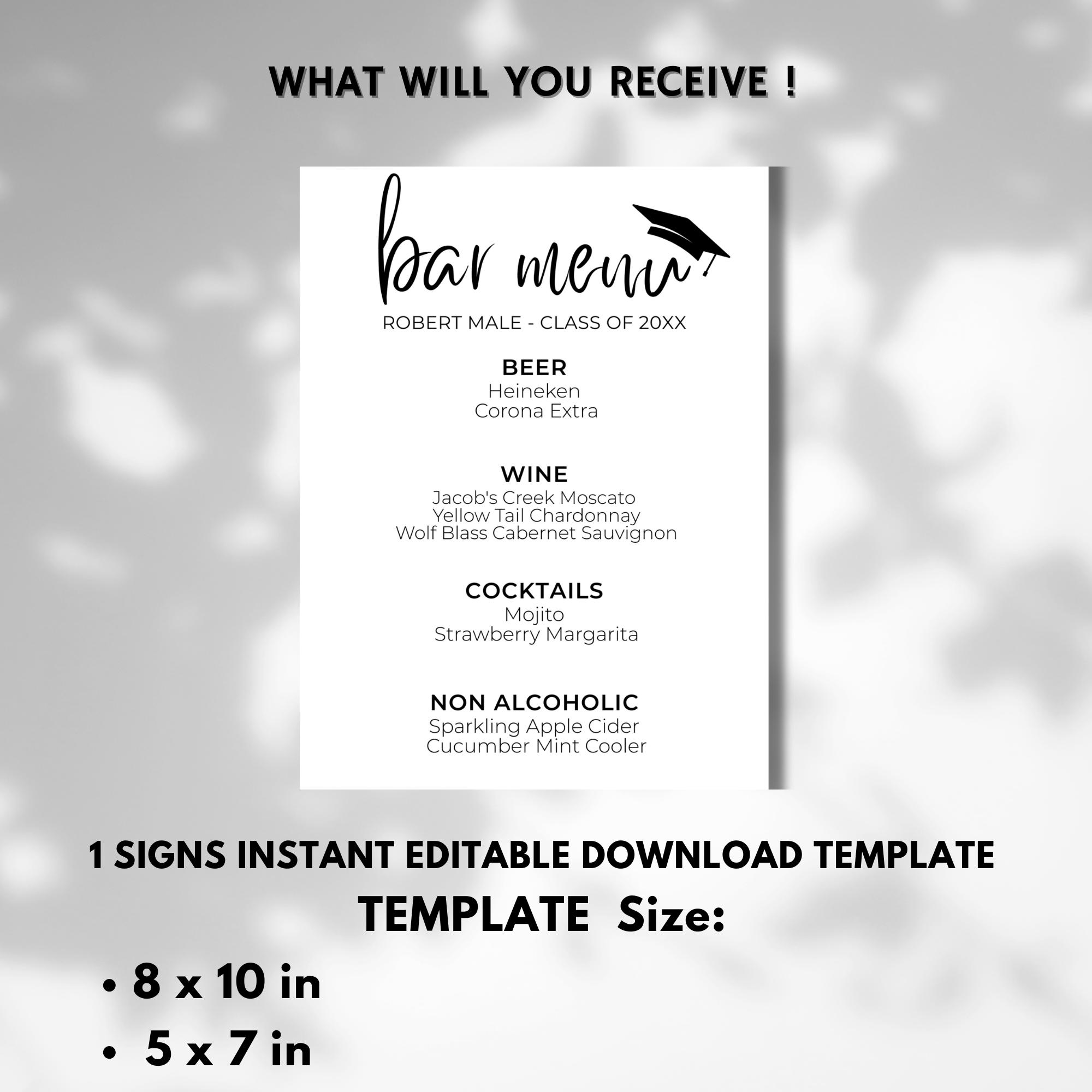 Graduation Bar Menu. Example Graduation Bar Menu Sign Template, Elegant Minimalist Grad Party Drinks ...