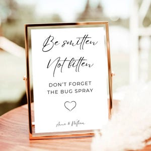 Bug Spray Available, Bug Spray Sign, Minimalist Outdoor Wedding Ceremony, Be Smitten Not Bitten, Bug Spray Sign Printable Template, Canva