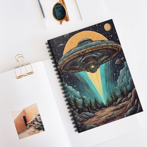 UFO Landing In Forest, Extraterrestrial Beings, Nerdy Cool Stationery, Spiral Notebook - Ruled Line