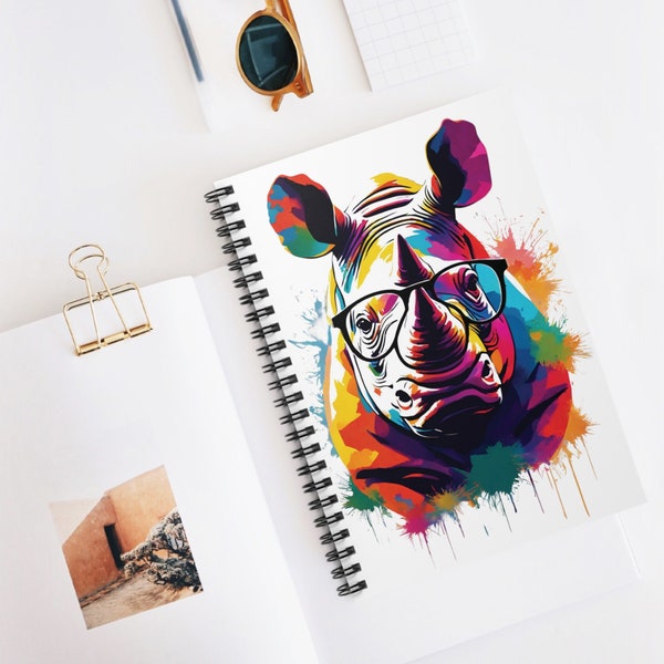 Rhino With Glasses, Funky Splash Art Cover, Animal Lover Gift, Nature Journal, Spiral Notebook - Ruled Line