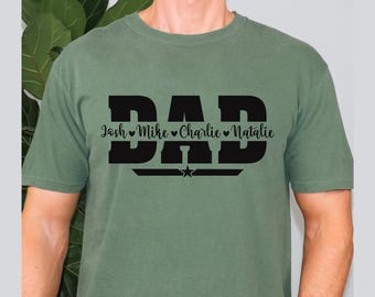 Camiseta personalizada para papá con los nombres de los niños, de Comfort Colors, ideal como regalo para el Día del Padre.