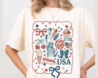 Maglietta con fiocco USA, maglietta patriottica Coquette, colori comodi per il 4 luglio