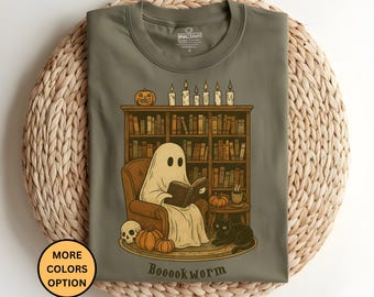 Retro Ghost Reading T-Shirt, Librarian Halloween Teacher Shirt