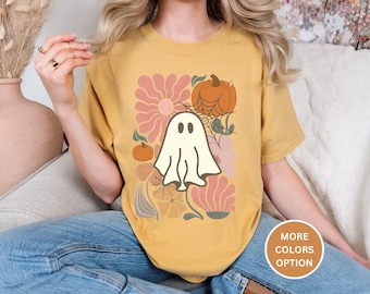 Komfortfärger blommig spök-Halloween-tröja, pumpahösttröja, boho-skjorta med läskiga säsonger