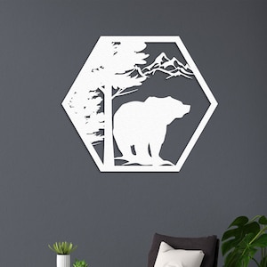 Arte da parete in metallo della montagna degli orsi / Orso nella foresta / Appeso a parete con animali selvatici / Arte da parete con orsi / Vita naturale degli animali / Regalo per gli amanti della fauna selvatica