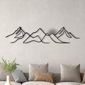 Minimalist Metal Mountain Wall Art, Mountain and Sun Metal Home Decor, Sunset Sunrise Wall Decor