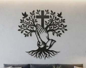 Christian metal wall art with praying hands, cross and heart, black minimalist religious home decor for living room or bedroom