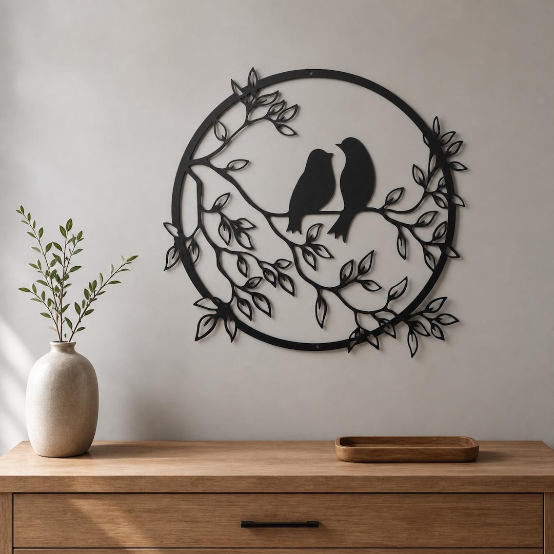 Metal Bird Wall Art Circle Branch Silhouette Nature Decor Hanging ...