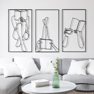 Set of 3 Woman Reading a Book Wall Art / Woman Line Art / Gift for Book Lover / Female Figure / Bookish Metal Home Decor / Library Decor