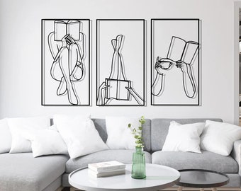 Set of 3 Woman Reading a Book Wall Art / Woman Line Art / Gift for Book Lover / Female Figure / Bookish Metal Home Decor / Library Decor