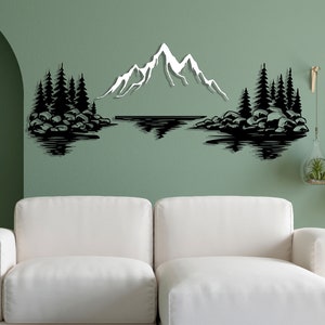 Bergbomen rotsen bos en meer Metal Wall Art, natuur en bos woondecoratie, moderne natuurlijke muurhanger, cadeau voor natuurliefhebber