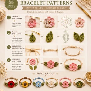 K&ouml;nnte beinhalten: Eine Schritt-f&uuml;r-Schritt-Anleitung zum H&auml;keln von Blumenarmb&auml;ndern. Die Anleitung enth&auml;lt detaillierte Anweisungen mit Fotos und Diagrammen. Das Endergebnis zeigt mehrere fertige Armb&auml;nder mit geh&auml;kelten Blumen und Bl&auml;ttern.