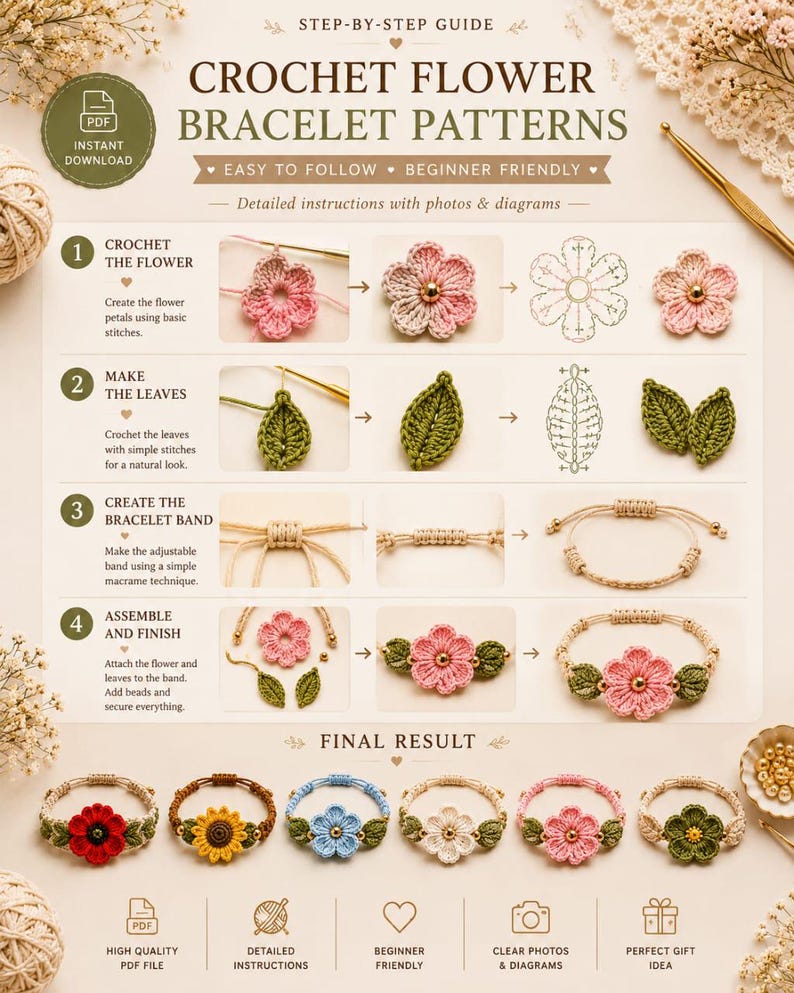K&ouml;nnte beinhalten: Eine Schritt-f&uuml;r-Schritt-Anleitung zum H&auml;keln von Blumenarmb&auml;ndern. Die Anleitung enth&auml;lt detaillierte Anweisungen mit Fotos und Diagrammen. Das Endergebnis zeigt mehrere fertige Armb&auml;nder mit geh&auml;kelten Blumen und Bl&auml;ttern.