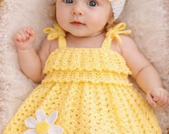 Patrón de vestido de bebé a crochet con diseño de margaritas, conjunto de verano para recién nacidos (descarga en PDF)