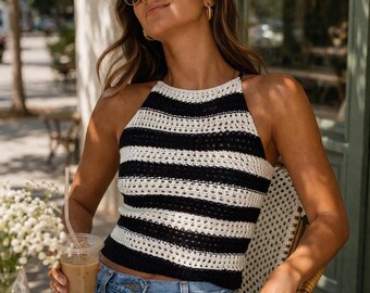Patrón de crochet para top halter a rayas – Camiseta sin mangas estilo boho para principiantes – Tallas XS-XL - (Descarga en PDF)