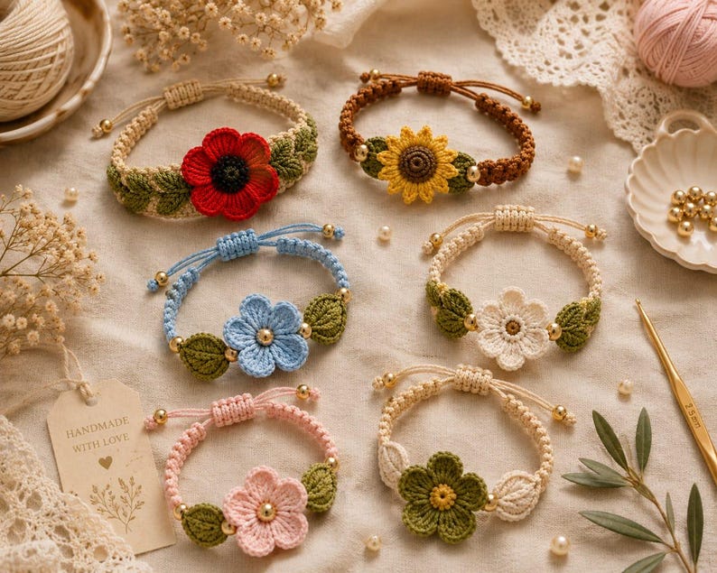 K&ouml;nnte beinhalten: Eine Sammlung handgefertigter H&auml;kelarmb&auml;nder mit floralen Designs. Jedes Armband zeigt eine andere Blume, darunter eine rote Mohnblume, eine gelbe Sonnenblume, eine blaue Blume, eine wei&szlig;e Blume, eine rosa Blume und eine gr&uuml;ne Blume, mit goldenen Akzenten und gr&uuml;nen Bl&auml;ttern.