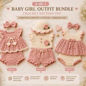 May include: A 3-in-1 baby girl outfit bundle crochet pattern PDF featuring three sets of handmade clothing. The designs include crocheted tops, shorts, headbands, and a sun hat in shades of dusty rose and cream, accented with small floral details.