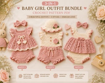 3-in-1 Crochet Baby Girl Outfit Pattern PDF Bundle, Baby Dress Romper Shorts Hat Booties Crochet Pattern, Easy Digital Download