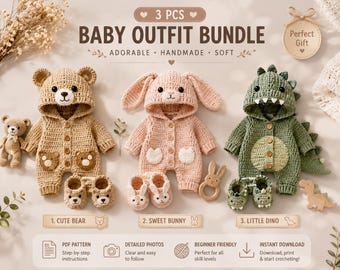 Patrón PDF para conjunto de ropa de bebé a crochet 3 en 1, patrón de pelele de oso, conejo y dinosaurio a crochet, conjunto de body de animales para bebé, tutorial de pelele con capucha.