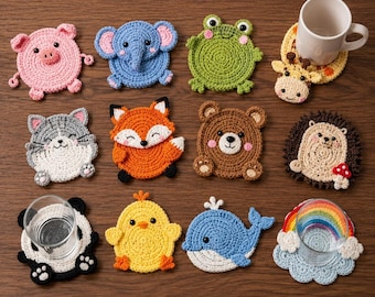 Paquete de 12 patrones de posavasos de ganchillo con forma de animales, patrones de posavasos de ganchillo, portavasos con forma de animales, amigurumi (patrón en PDF)