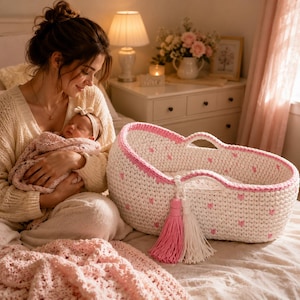 May include: A white crochet baby bassinet with pink heart details and trim. The bassinet features two handles and a tassel. A baby is held by a person wearing a cream-coloured sweater. A pink blanket is on the bed.