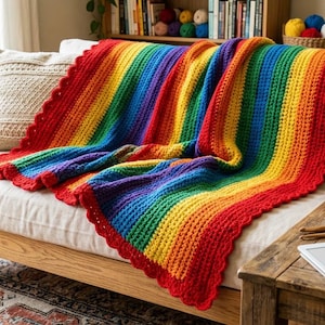May include: A handmade crochet blanket featuring vibrant horizontal stripes in red, orange, yellow, green, blue, and purple. The blanket has a decorative scalloped edge and is draped over a wooden sofa. The texture is consistent with yarn.