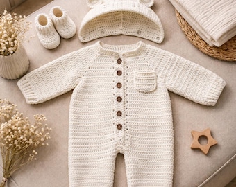 Crochet Bear Romper Pattern PDF, Baby Outfit, Hooded rompe Onesie, Amigurumi Clothes Pattern - 0-10