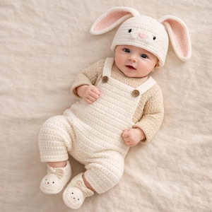 May include: A baby wearing a cream-colored crochet bunny hat with pink inner ears, a matching cream-colored sweater, and cream-colored overalls with wooden buttons. The baby is also wearing cream-colored crochet shoes with bunny faces.