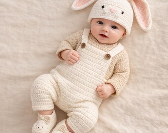 Crochet Bunny Outfit Pattern PDF, Newborn Romper, Hat, Booties Set