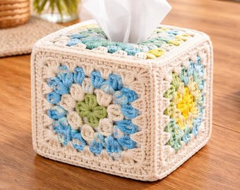 Patrón de funda para caja de pañuelos de ganchillo, decoración para el hogar estilo cuadrado de la abuela (descarga en PDF)