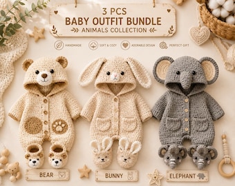Paquete de 3 patrones de crochet en PDF para ropa de bebé con motivos de animales: oso, conejo, elefante, pelele con capucha y patucos. Patrón de ropa de crochet para bebé. Regalo para recién nacido.