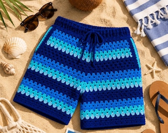 Patrón de pantalones cortos de ganchillo para hombre en PDF, tutorial de pantalones cortos de verano con punto de abuela, pantalones cortos de playa de ganchillo para principiantes.