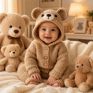 以下が含まれることがあります： ベージュの編みぐるみクマのコスチュームを着た笑顔の赤ちゃん。フードとボタン留め付き。様々なサイズの茶色のテディベアが赤ちゃんを囲み、クリーム色の毛布の上にいます。
