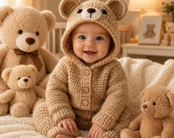 Crochet Teddy Bear Baby Outfit Pattern PDF, Newborn Bear Romper, Baby Shower Gift Crochet Pattern, Cozy Baby Onesie
