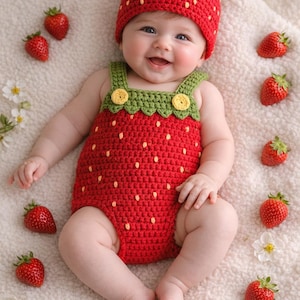May include: A baby wearing a handmade red crochet strawberry outfit and matching hat, with green accents and yellow buttons. The outfit has small yellow seed details. Fresh strawberries and white flowers are scattered around the baby on a soft, white blanket.