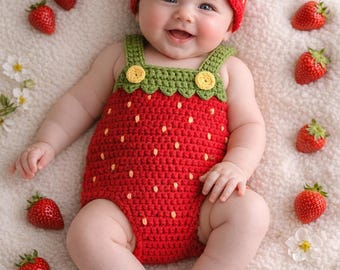 Patrón de ganchillo: Pelele de bebé con diseño de fresa - 0-3 meses