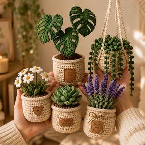 May include: A collection of handmade crochet plants, including daisies, a succulent, a monstera, and lavender, displayed in beige pots. The plants have green leaves and purple flowers. Each pot has a small tag with text. A hanging plant is also included.